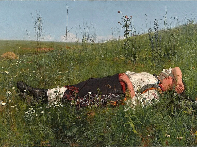 1850-Nikolai Dmitriyevich Kuznetsov - In vacanza (Piccola donna russa che riposa sull'erba)
